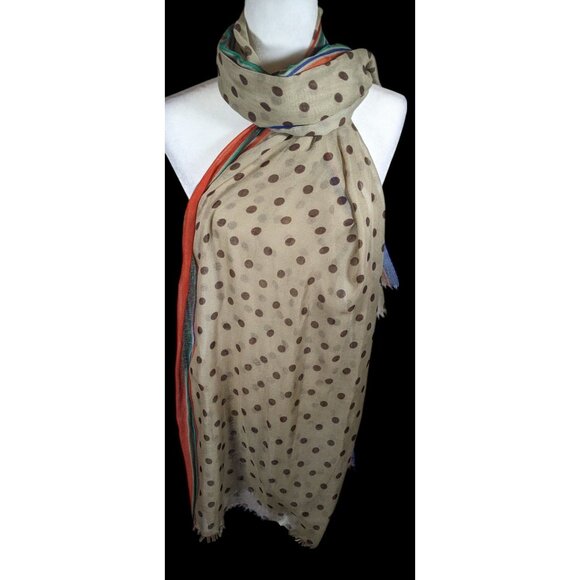 Vintage 70s Taupe Scarf With Brown Polka Dots And Rainbow Stripes - Picture 1 of 8
